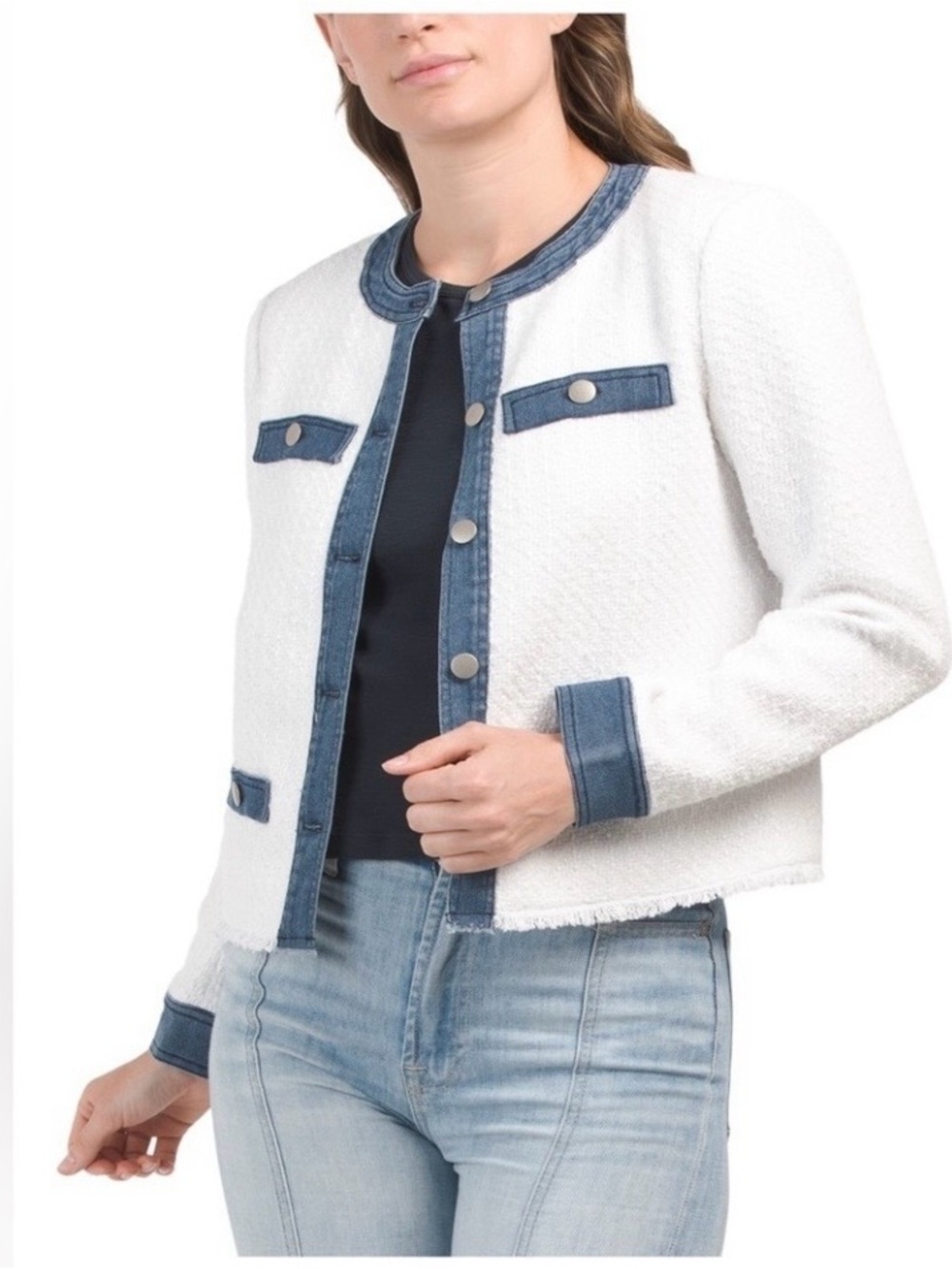 #644 ECRU Mixed Media Tweed Jacket with Blue Denim Trim. NWT - Picture 7 of 14